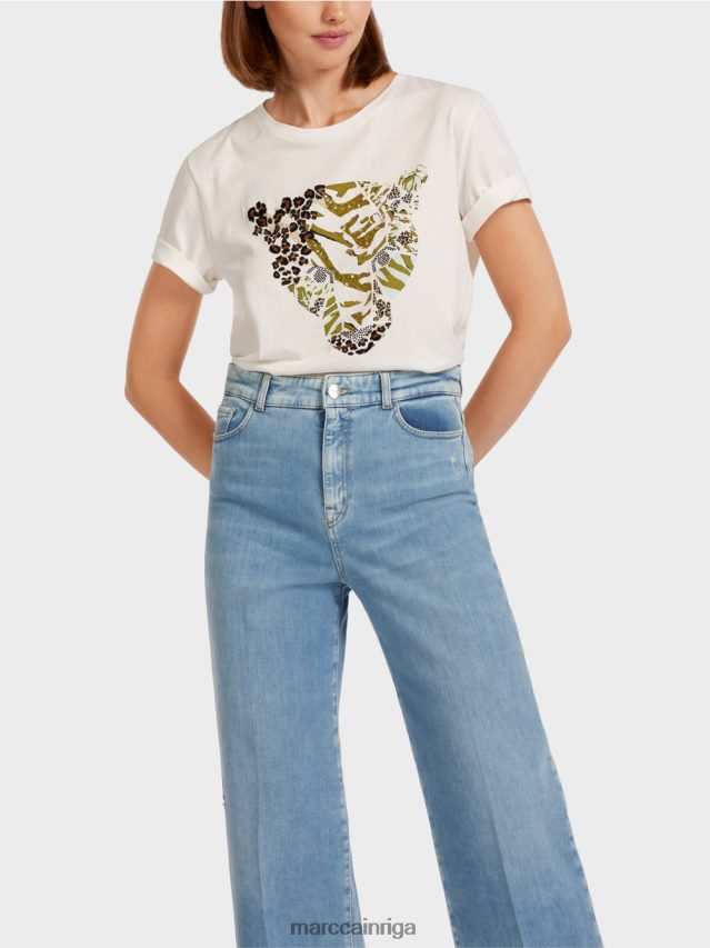 apģērbs gandrīz balts VRBHXD1425 Marc Cain t-krekls ar leoparda galvas motīvu