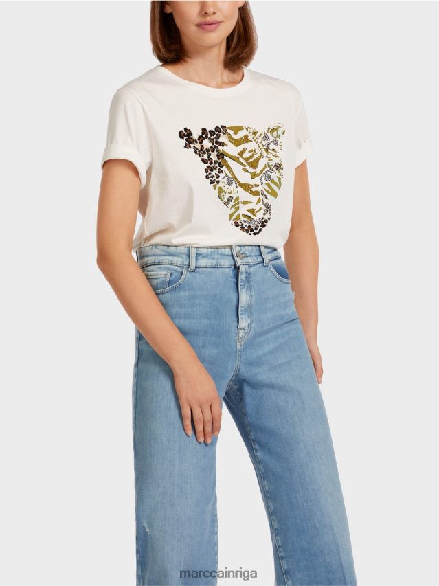 apģērbs gandrīz balts VRBHXD1425 Marc Cain t-krekls ar leoparda galvas motīvu