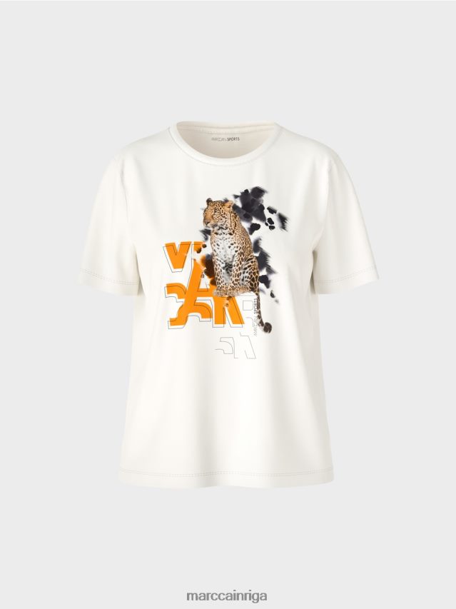 apģērbs gandrīz balts VRBHXD1431 Marc Cain t-krekls ar leoparda un burtu apdruku