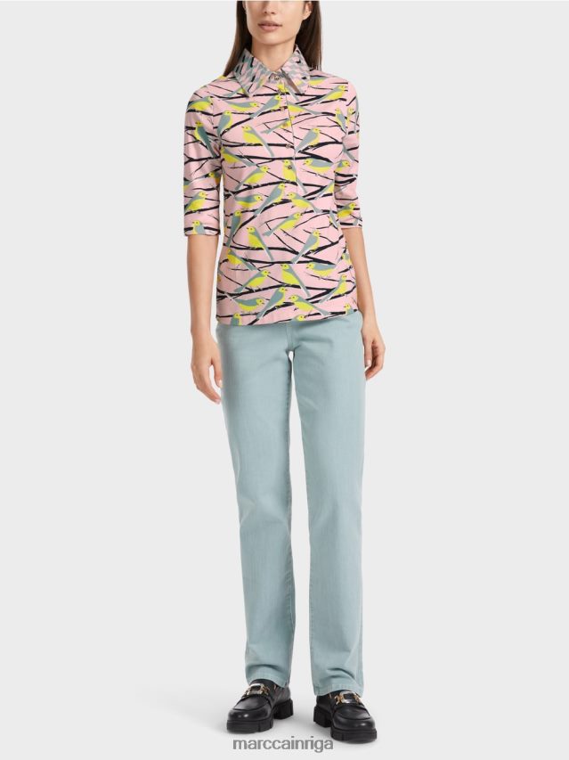 apģērbs mīksts pulveris rozā VRBHXD1320 Marc Cain putnu dizaina polo krekls