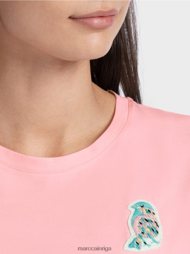 apģērbs mīksts pulveris rozā VRBHXD1326 Marc Cain t-krekls ar putnu aplikāciju