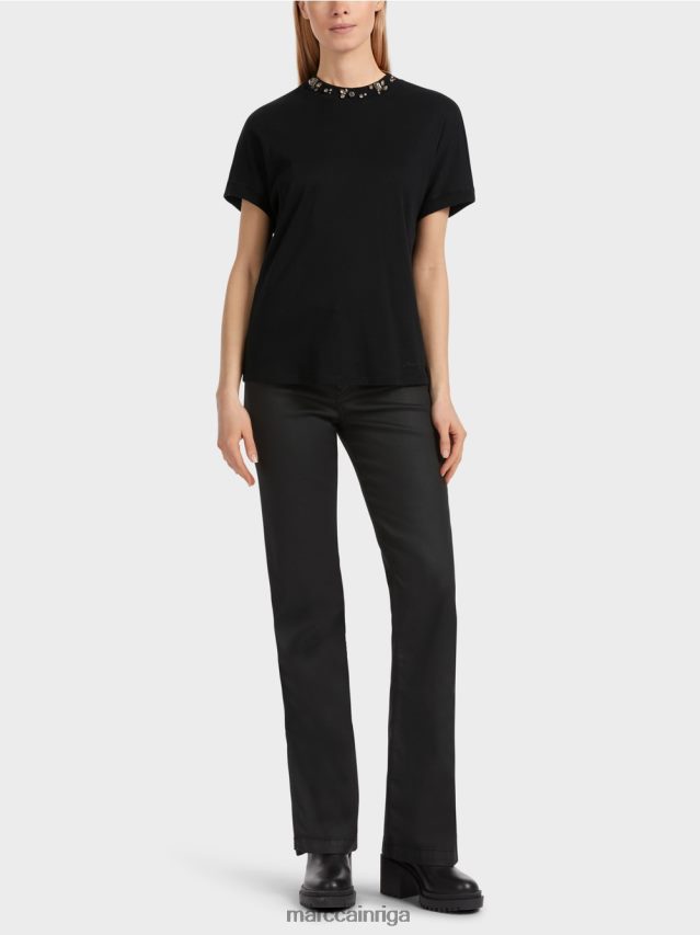 apģērbs melns VRBHXD1251 Marc Cain t-krekls ar pērlīšu apkakli