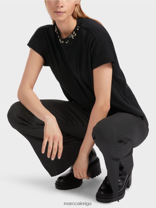apģērbs melns VRBHXD1251 Marc Cain t-krekls ar pērlīšu apkakli