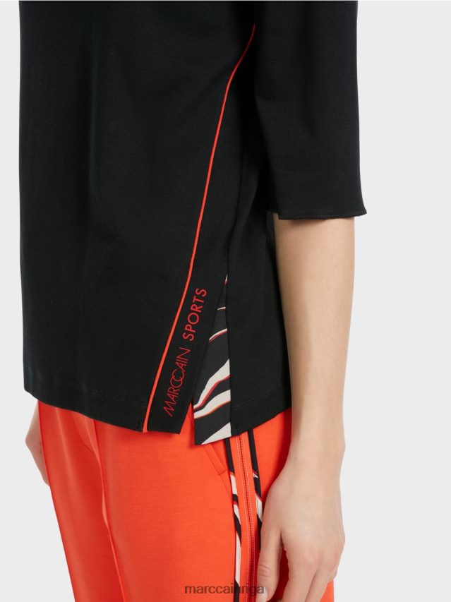 apģērbs melns VRBHXD1260 Marc Cain kokvilnas rievu krekls ar stāvu apkakli