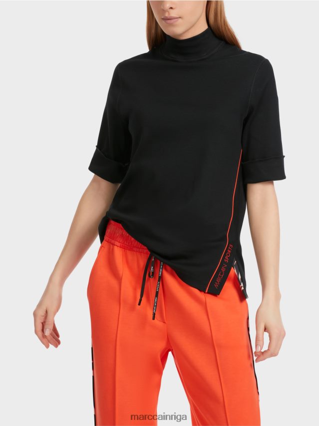 apģērbs melns VRBHXD1260 Marc Cain kokvilnas rievu krekls ar stāvu apkakli