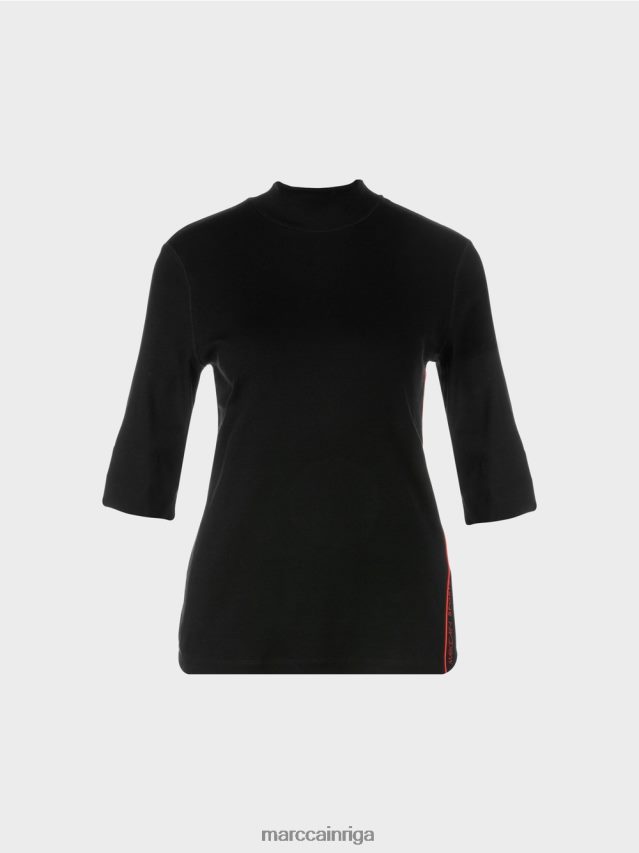 apģērbs melns VRBHXD1260 Marc Cain kokvilnas rievu krekls ar stāvu apkakli