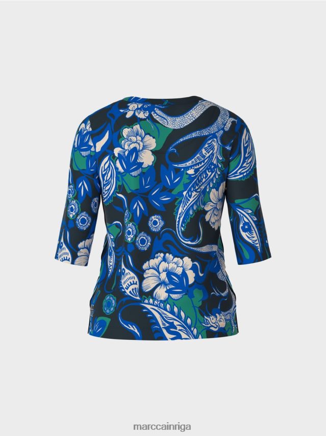 apģērbs pusnakts zils VRBHXD1236 Marc Cain kokvilnas ribu krekls ar tetovējuma dizainu