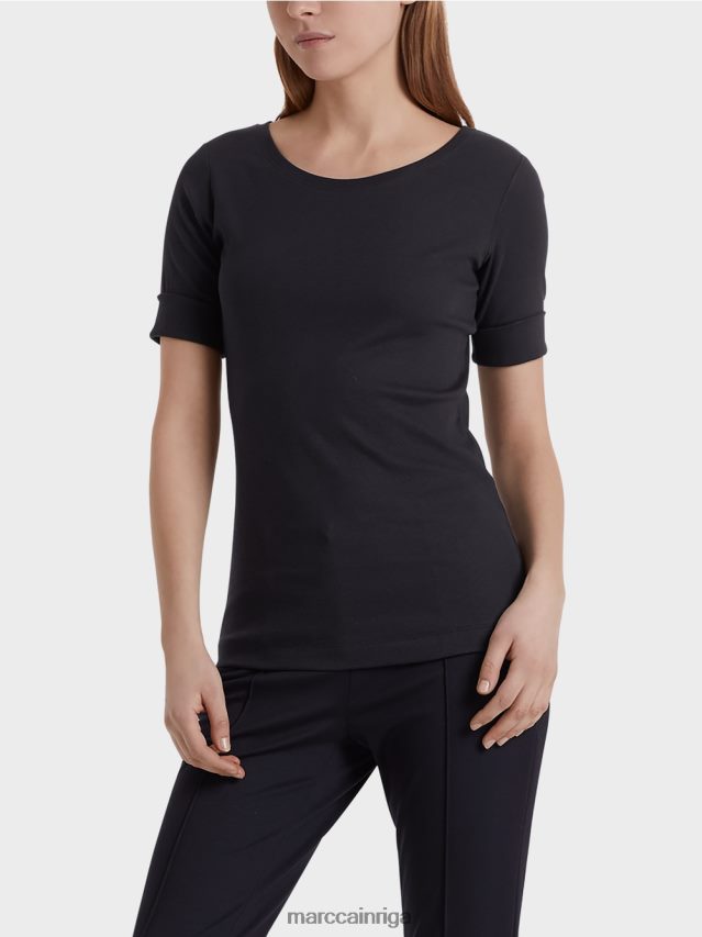 apģērbs pusnakts zils VRBHXD1466 Marc Cain krekls ar apaļu apkakli ar īsām piedurknēm