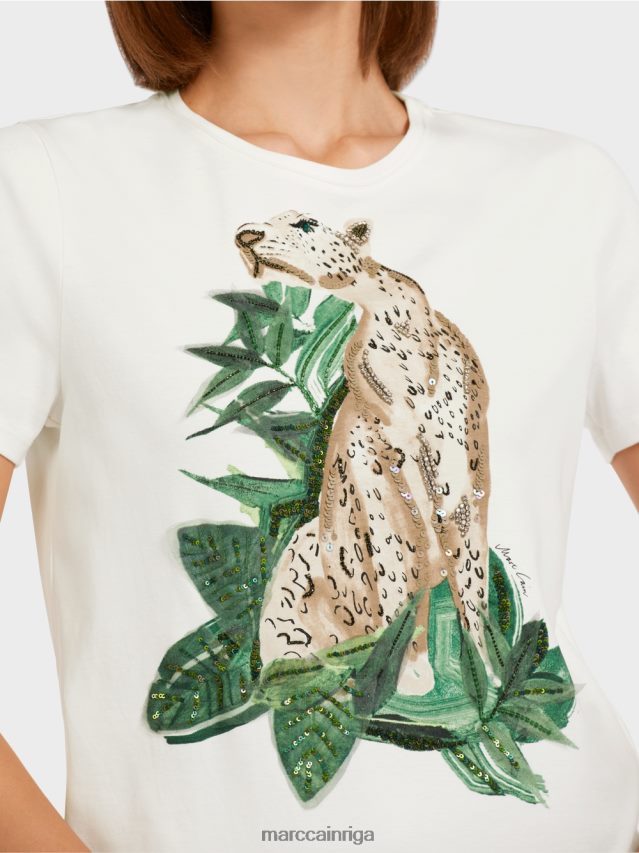 apģērbs sūnu zaļa VRBHXD1448 Marc Cain leoparda T-krekls ar rhinestone detaļām