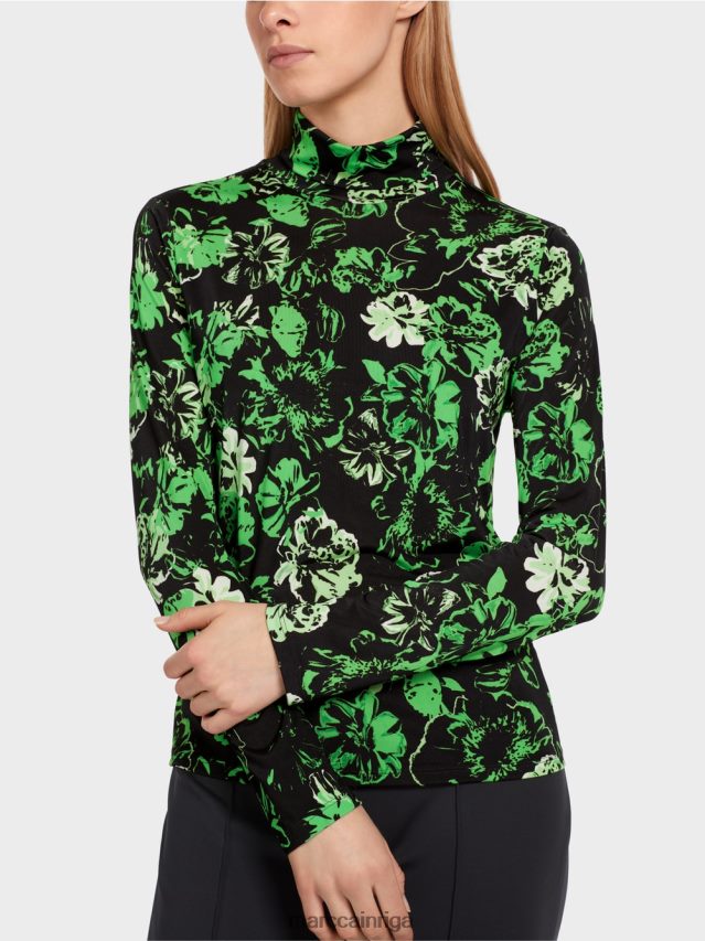 apģērbs tumši ābolu zaļš VRBHXD1252 Marc Cain T-krekls ar izliektu kakla izgriezumu ar ziedu dizainu