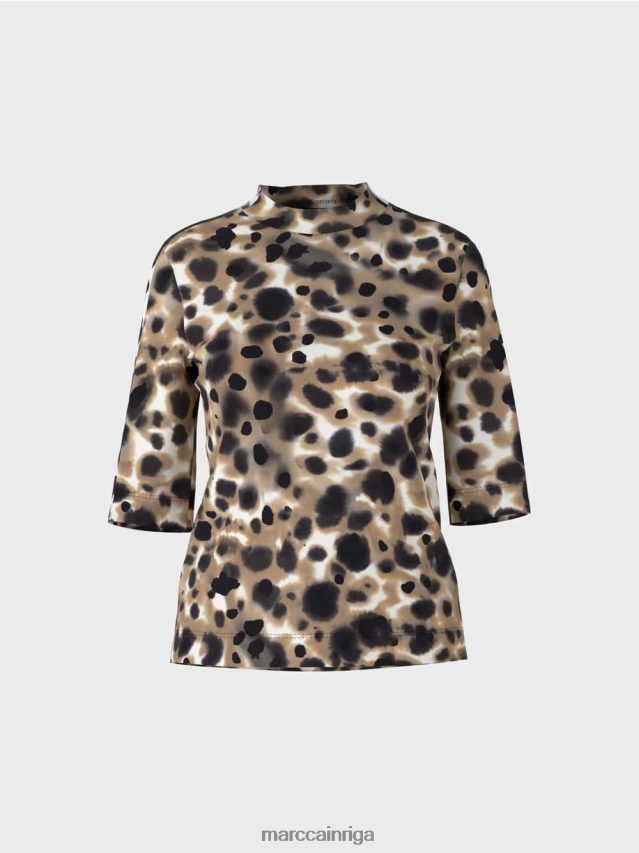 apģērbs viegla kafija VRBHXD1432 Marc Cain rievotu t-kreklu ar leoparda dizainu