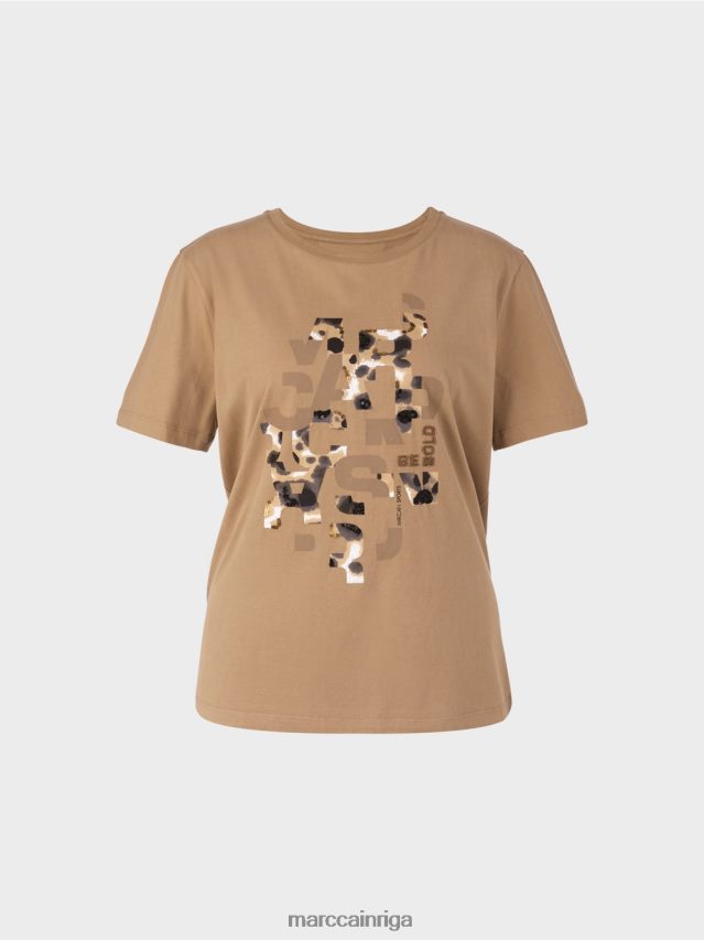 apģērbs viegla kafija VRBHXD1433 Marc Cain t-krekls ar leoparda un burtu apdruku