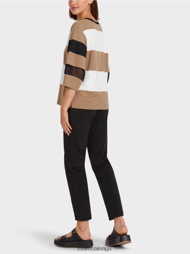 apģērbs viegla kafija VRBHXD1434 Marc Cain svītrains t-krekls ar sieta ieliktņiem