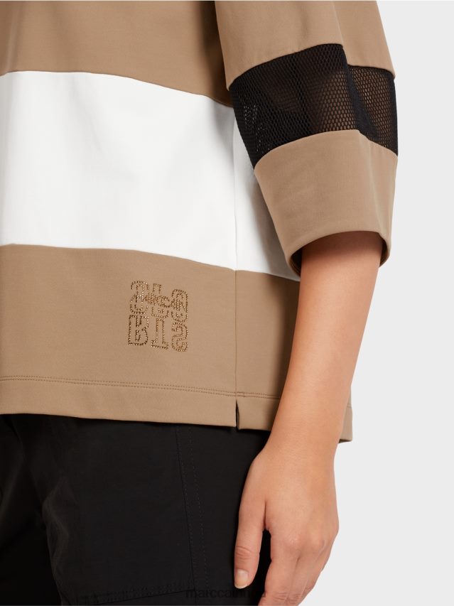 apģērbs viegla kafija VRBHXD1434 Marc Cain svītrains t-krekls ar sieta ieliktņiem