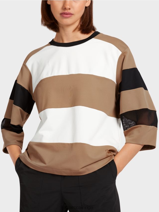 apģērbs viegla kafija VRBHXD1434 Marc Cain svītrains t-krekls ar sieta ieliktņiem