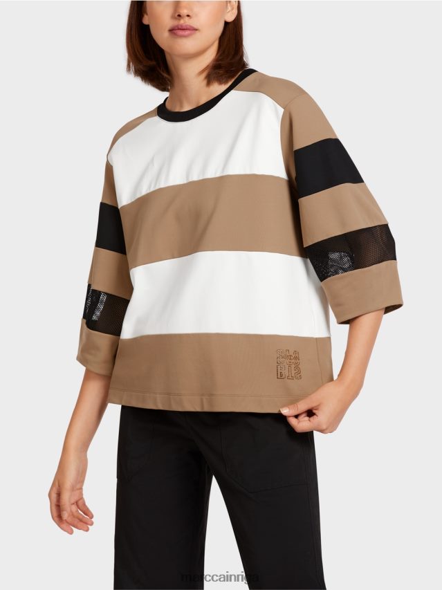 apģērbs viegla kafija VRBHXD1434 Marc Cain svītrains t-krekls ar sieta ieliktņiem