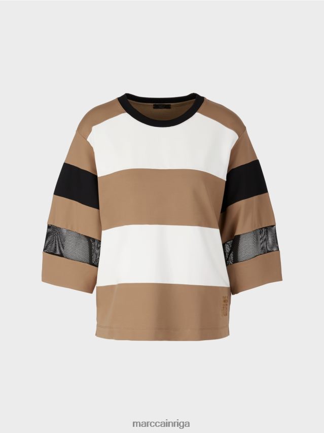 apģērbs viegla kafija VRBHXD1434 Marc Cain svītrains t-krekls ar sieta ieliktņiem