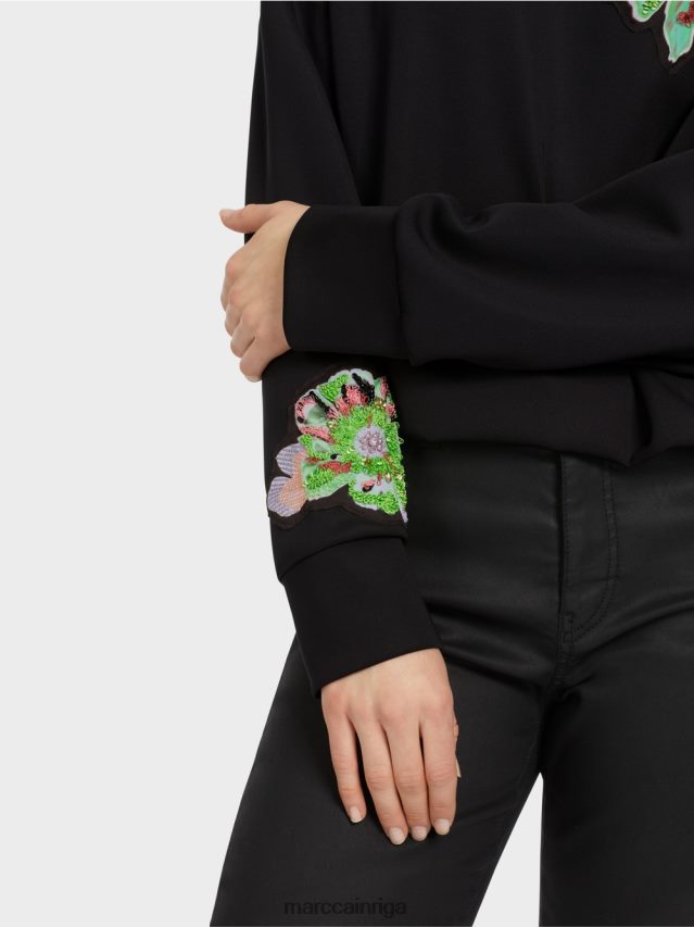 apģērbs melns VRBHXD1221 Marc Cain sporta krekls ar ziedu aplikāciju