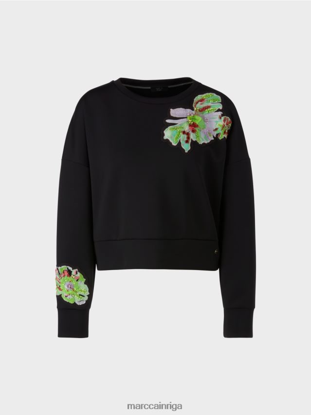 apģērbs melns VRBHXD1221 Marc Cain sporta krekls ar ziedu aplikāciju