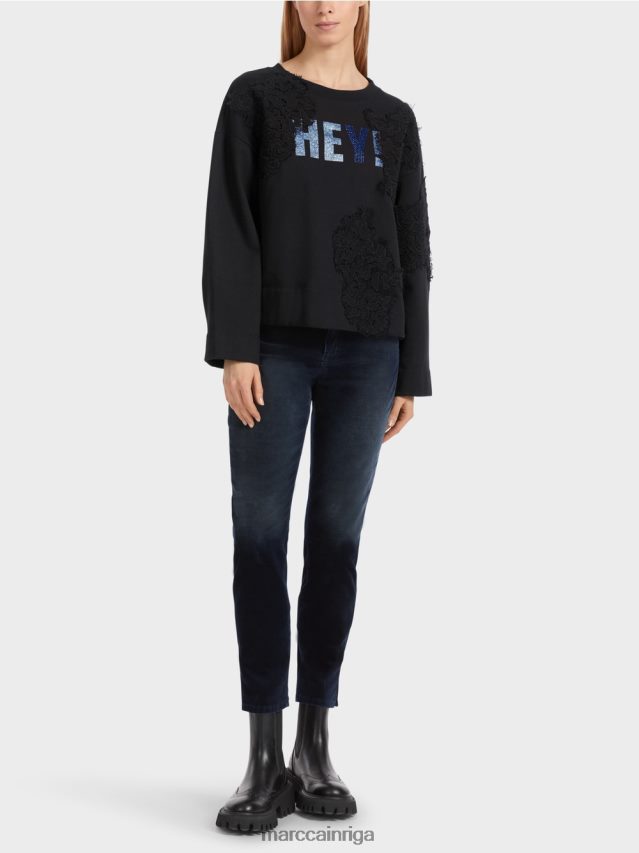 apģērbs pusnakts zils VRBHXD1219 Marc Cain sporta krekls ar spīdumiem un mežģīnēm