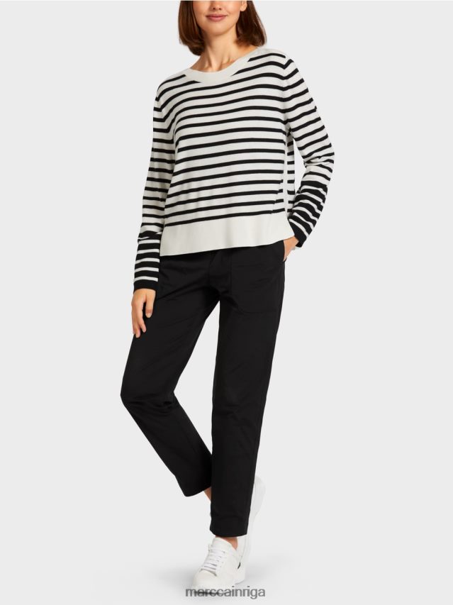 apģērbs balts un melns VRBHXD1176 Marc Cain džemperis ar pinuma svītrām