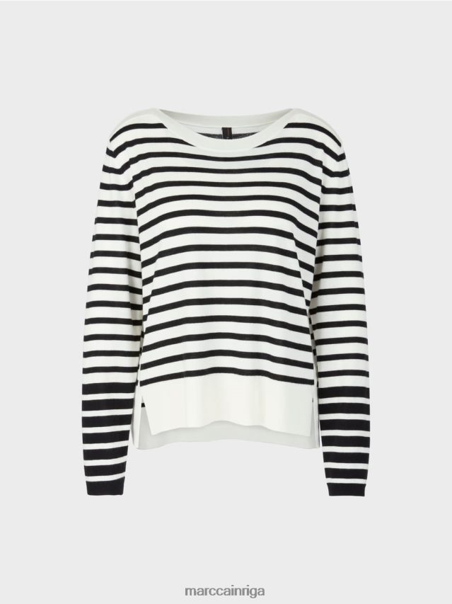 apģērbs balts un melns VRBHXD1176 Marc Cain džemperis ar pinuma svītrām
