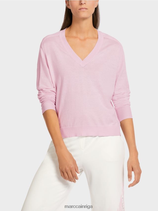 apģērbs gaiša lavanda VRBHXD1156 Marc Cain elegants smalka adījuma v veida kakla izgriezuma džemperis