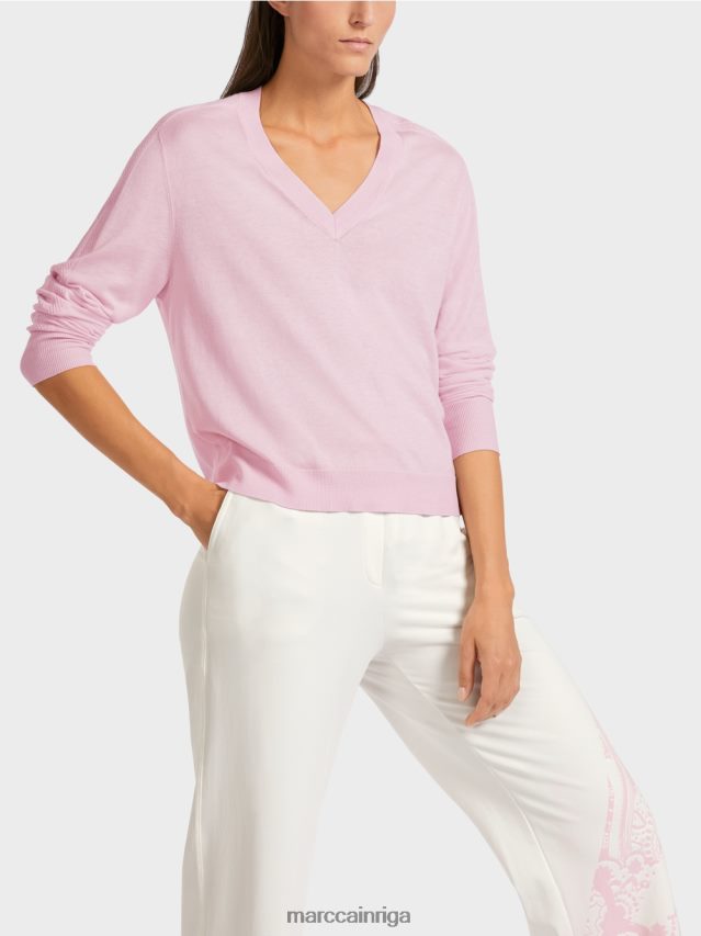 apģērbs gaiša lavanda VRBHXD1156 Marc Cain elegants smalka adījuma v veida kakla izgriezuma džemperis