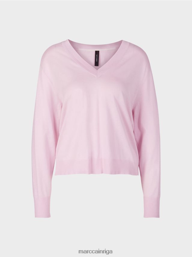 apģērbs gaiša lavanda VRBHXD1156 Marc Cain elegants smalka adījuma v veida kakla izgriezuma džemperis