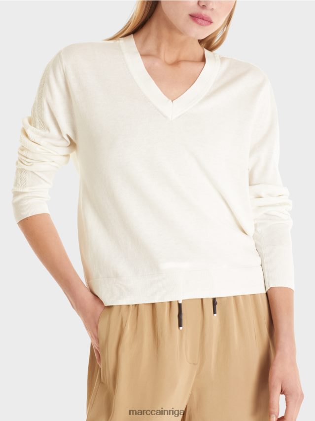 apģērbs gandrīz balts VRBHXD1154 Marc Cain elegants smalka adījuma v veida kakla izgriezuma džemperis