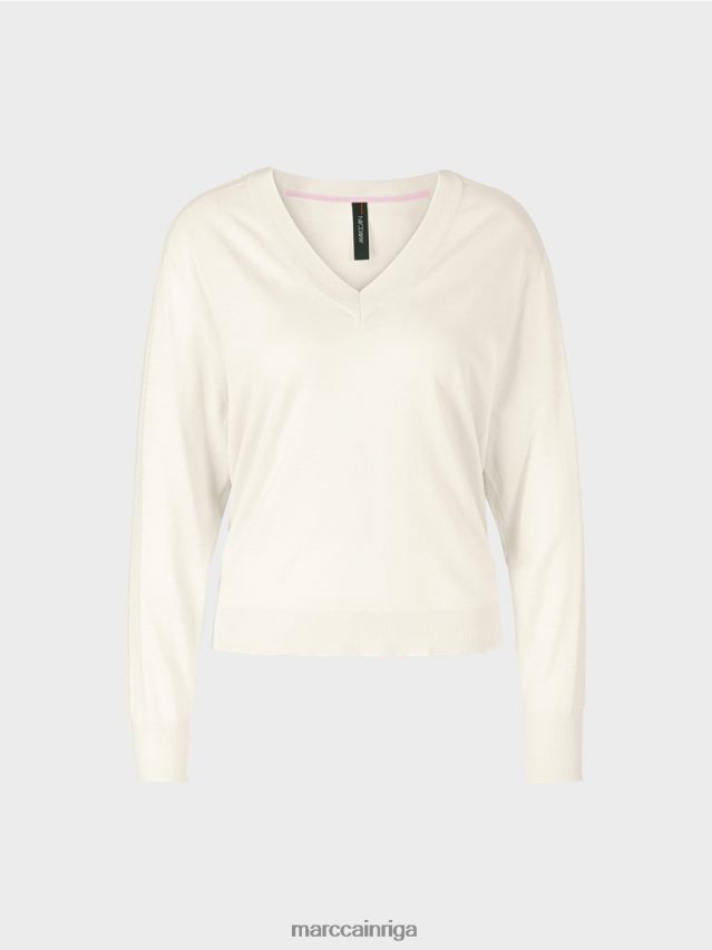 apģērbs gandrīz balts VRBHXD1154 Marc Cain elegants smalka adījuma v veida kakla izgriezuma džemperis