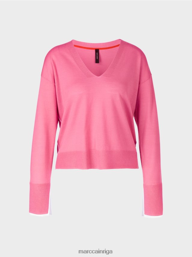 apģērbs spilgti rozā VRBHXD1166 Marc Cain smalks trikotāžas džemperis ar v veida kakla izgriezumu