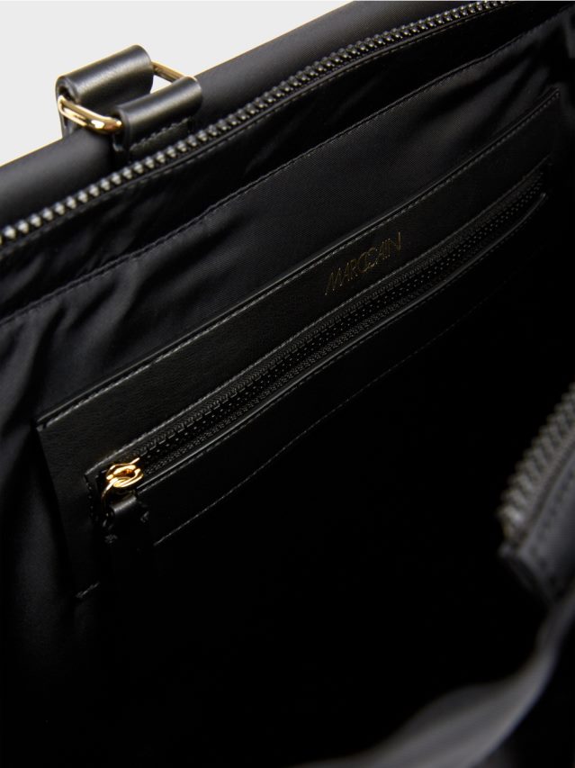 piederums melns VRBHXD1534 Marc Cain \"pārdomāt kopā\" ​​tamborēta roktura soma